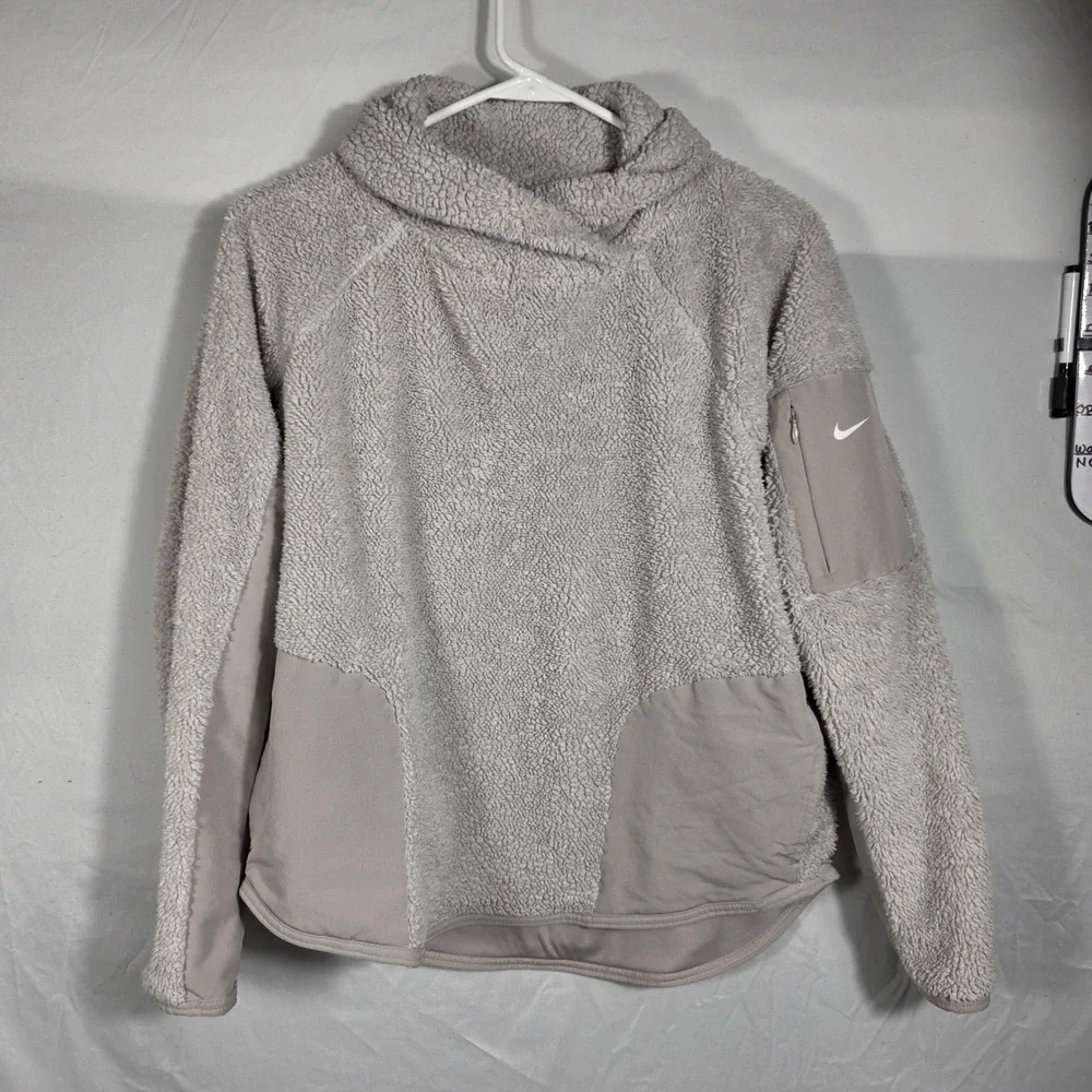 Nike Sherpa Fleece Hoodie Womens M Taupe Excellent CJ5758-008 Pullover Pocket